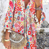 Vestit mini floral bohemi per a dona amb dobladillo amb borles i escot amb llaç