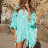 Vestit de platja tipus túnica amb coll en V i ribet de crochet per a dona