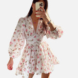 Vestit mini floral amb escot en V per a dona, mànigues llargues i faldilla amb volants