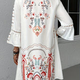 Vestit mini bohemi brodat per a dona amb mànigues 3/4 i escot en V