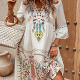 Vestit mini bohemi brodat per a dona amb mànigues 3/4 i escot en V
