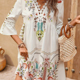 Vestit mini bohemi brodat per a dona amb mànigues 3/4 i escot en V