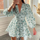 Vestit mini floral de tall A per a dona amb escot en V i mànigues llargues