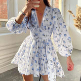 Vestit mini floral de tall A per a dona amb escot en V i mànigues llargues