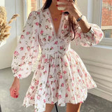 Vestit mini floral de tall A per a dona amb escot en V i mànigues llargues