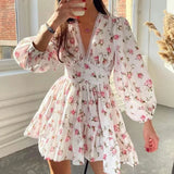 Vestit mini floral de tall A per a dona amb escot en V i mànigues llargues
