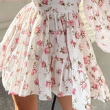 Vestit mini floral de tall A per a dona amb escot en V i mànigues llargues