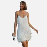 Vestit mini amb fringes i tirants per a dona amb baix de plomes
