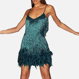 Vestit mini amb fringes i tirants per a dona amb baix de plomes