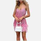 Vestit mini amb fringes i tirants per a dona amb baix de plomes