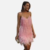 Vestit mini amb fringes i tirants per a dona amb baix de plomes