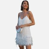 Vestit mini amb fringes i tirants per a dona amb baix de plomes