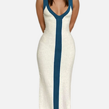 Vestit Maxi de Cóctel amb Coll en V i Textura Acanalada en Blocs de Color