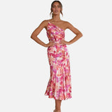 Elegant vestit de còctel floral d'un sol espatlla