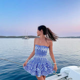 Vestit mini arrugat sense tirants per a dona amb faldilla escalonada amb volants