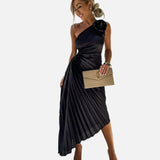 Elegant Vestit Midi d'Ocasió Especial amb Plisats a l'Espatlla