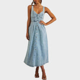 Aneta – Vestits de denim sense mànigues clàssics amb botons a la part davantera