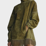 Vestit de Fausz Suede amb Coll Alt i Franges