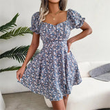 Vestit mini floral de màniga curta per a dona amb cintura amb cordons i tall fluid