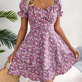 Vestit mini floral de màniga curta per a dona amb cintura amb cordons i tall fluid