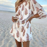 Vestit mini estampat d'un sol espatlla per a dona amb disseny de mànigues bufades