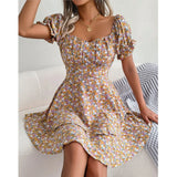 Vestit mini floral de màniga curta per a dona amb cintura amb cordons i tall fluid