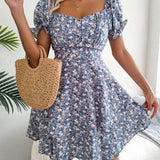 Vestit mini floral de màniga curta per a dona amb cintura amb cordons i tall fluid