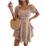 Vestit mini floral de màniga curta per a dona amb cintura amb cordons i tall fluid