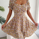 Vestit mini floral de màniga curta per a dona amb cintura amb cordons i tall fluid