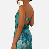 Vestit mini floral sense tirants per a dona amb escot bandeau plegat