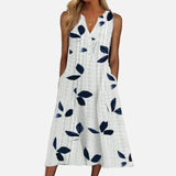 Vestit Maxi amb Estampat de Fulles – Elegant Escot en V Sense Mangues per Estiu