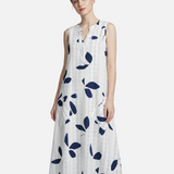 Vestit Maxi amb Estampat de Fulles – Elegant Escot en V Sense Mangues per Estiu