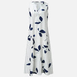 Vestit Maxi amb Estampat de Fulles – Elegant Escot en V Sense Mangues per Estiu
