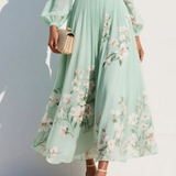 Patricia - Vestit Midi de Chiffó Verd Clar amb Plecs Florals