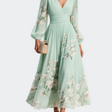 Patricia - Vestit Midi de Chiffó Verd Clar amb Plecs Florals