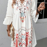 Vestit mini bohemi brodat per a dona amb mànigues 3/4 i escot en V