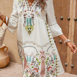 Vestit mini bohemi brodat per a dona amb mànigues 3/4 i escot en V