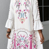 Vestit mini bohemi brodat per a dona amb mànigues 3/4 i escot en V