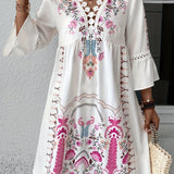 Vestit mini bohemi brodat per a dona amb mànigues 3/4 i escot en V