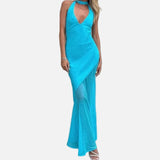 Vestit Maxi de Malla amb Detall de Superposició Transparent de Coll Halter