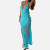Vestit Maxi de Malla amb Detall de Superposició Transparent de Coll Halter