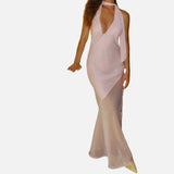 Vestit Maxi de Malla amb Detall de Superposició Transparent de Coll Halter