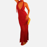 Vestit Maxi de Malla amb Detall de Superposició Transparent de Coll Halter