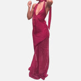 Vestit Maxi de Malla amb Detall de Superposició Transparent de Coll Halter