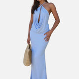 Vestit Maxi de Coll Halter – Vestit de Nit Elegant i Drapejat per a Dones