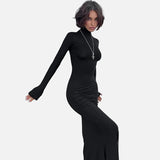 Vestit Maxi de Coll Alt de Màniga Llarga Negre Formal
